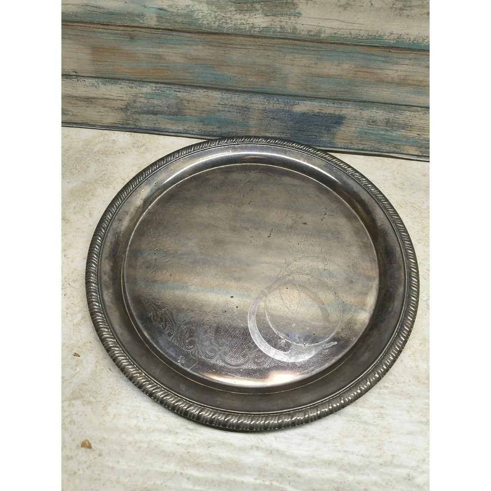 Vintage Silver Plated Tray Embossed Circle‎ Platter Plate Made in Hong Kong